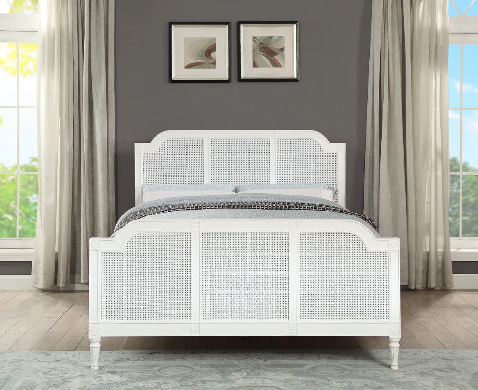 BORDEAUX Queen Bed French Style White "Distressed" Finish with Rattan