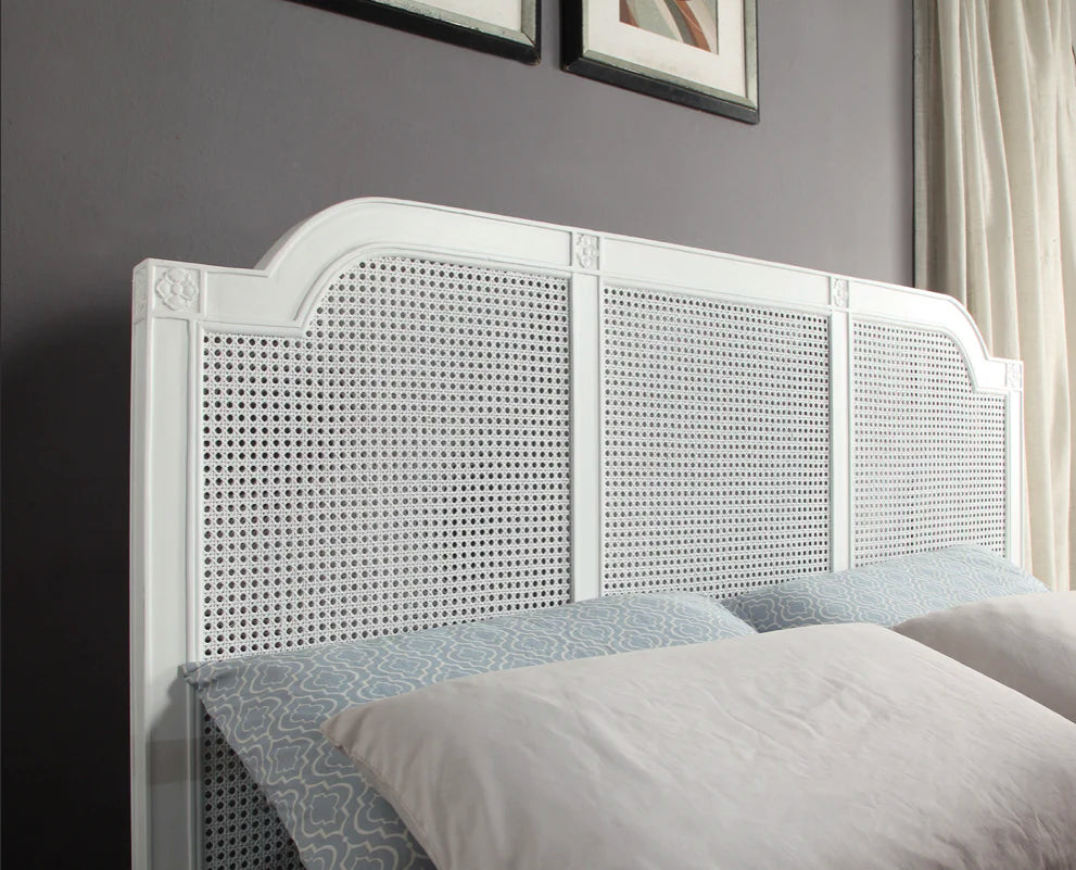 BORDEAUX Queen Bed French Style White "Distressed" Finish with Rattan