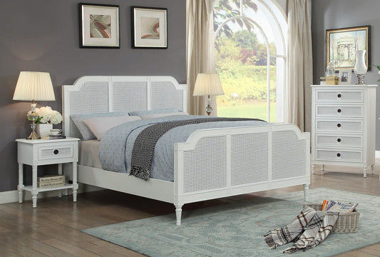 BORDEAUX Queen Bed French Style White "Distressed" Finish with Rattan