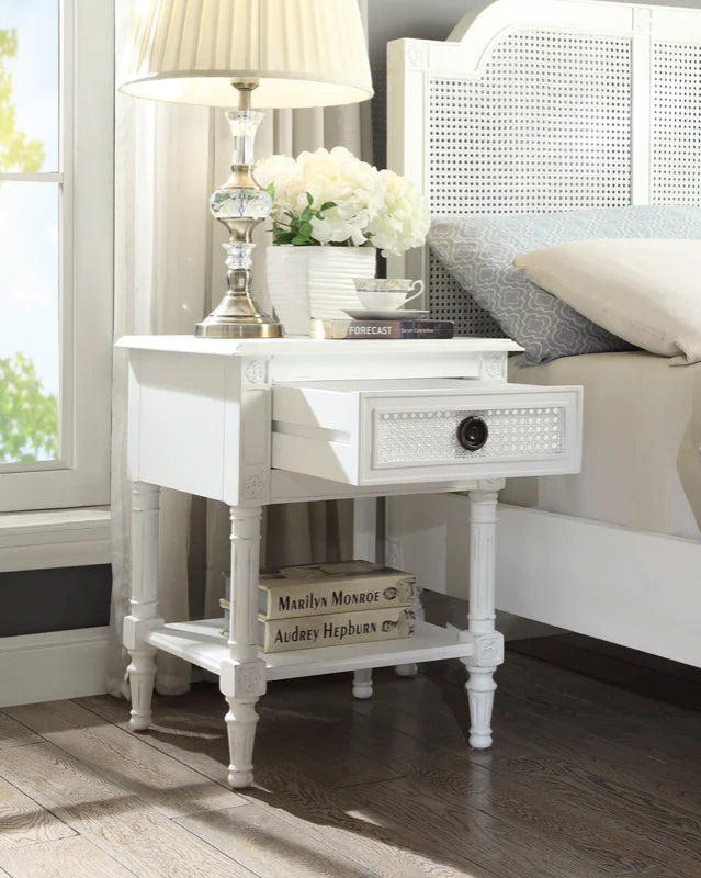 BORDEAUX Bedside Table French style White "Distressed" Finish with Rattan