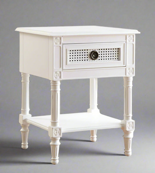 BORDEAUX Bedside Table French style White "Distressed" Finish with Rattan