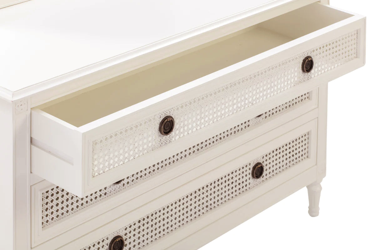 BORDEAUX Dressing Table French Style White "Distressed" Finish with Rattan