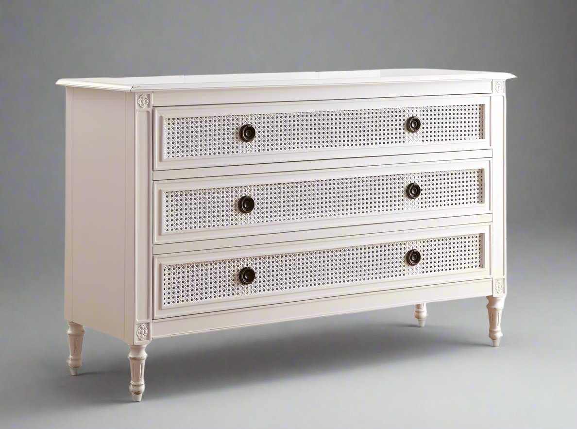 BORDEAUX Dressing Table French Style White "Distressed" Finish with Rattan