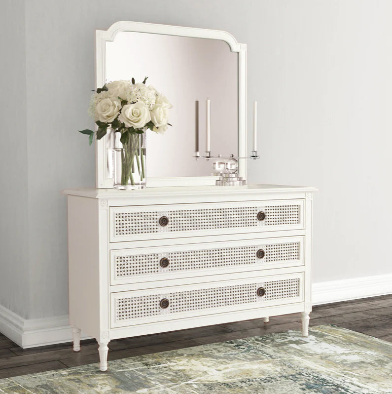 BORDEAUX Dressing Table French Style White "Distressed" Finish with Rattan