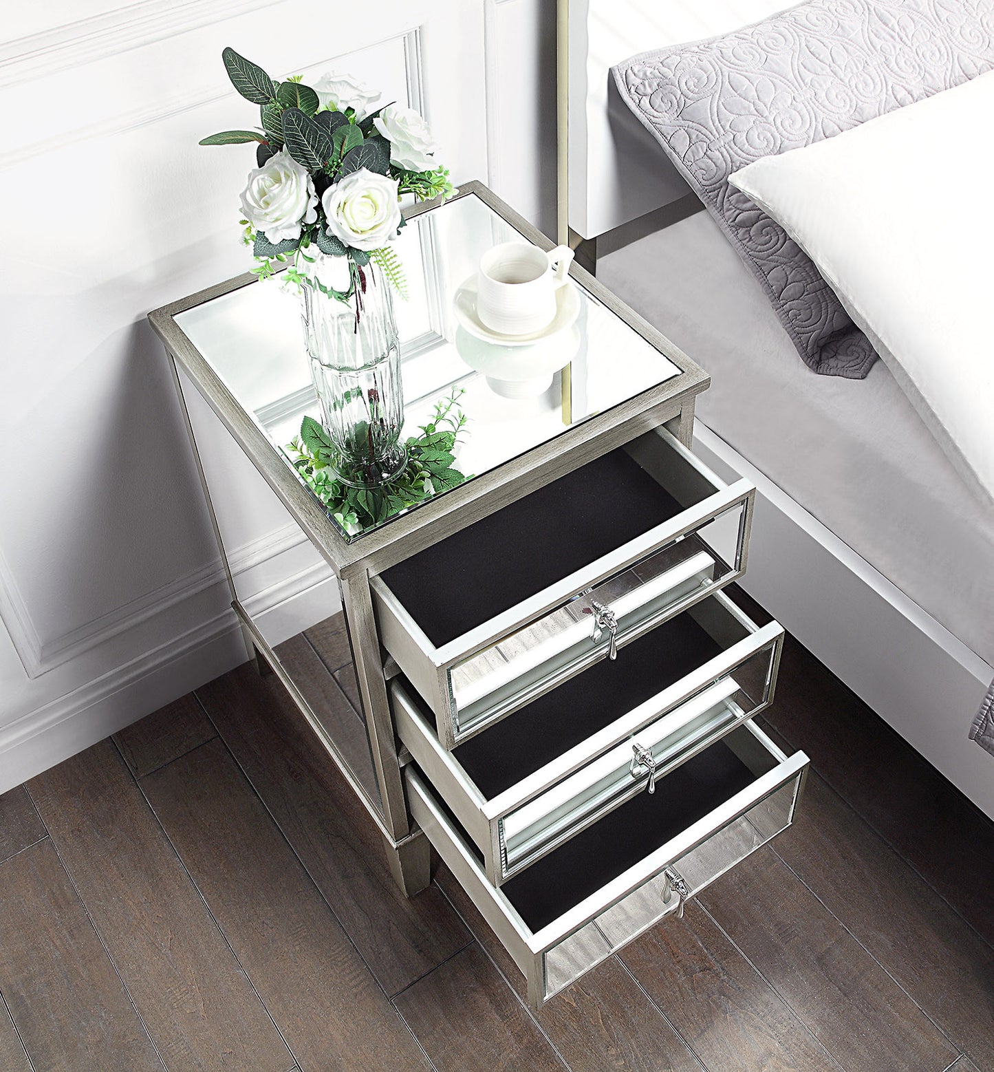 GATSBY Mirrored Bedside Table - Antique Silver Brushed