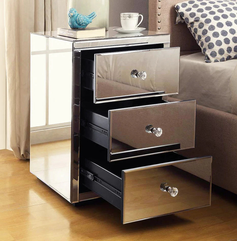 Roma 3 Drawer Mirror Bedside Table with Crystal Handles