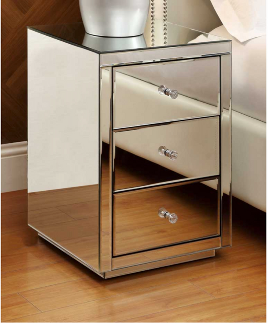 NEVADA Mirrored Bedside Table 3 Drawer with Crystal Effect Handle