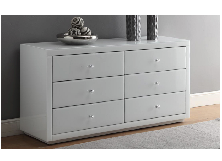 NEVADA White Glass Dressing Table Low Chest 6 Drawers BA