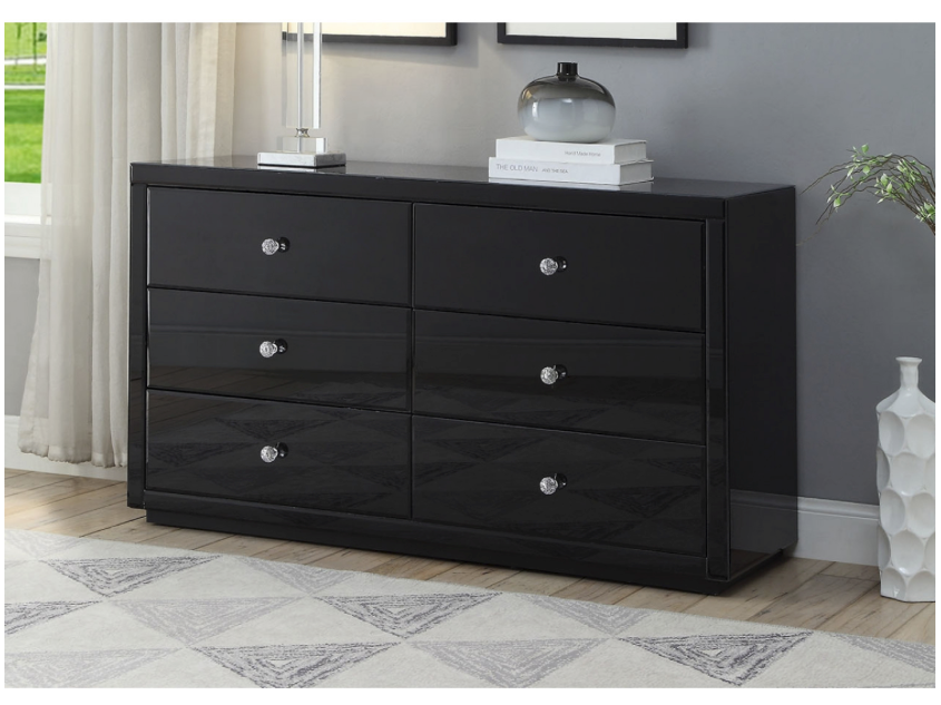 NEVADA Black Glass Dressing Table Low Chest 6 Drawers