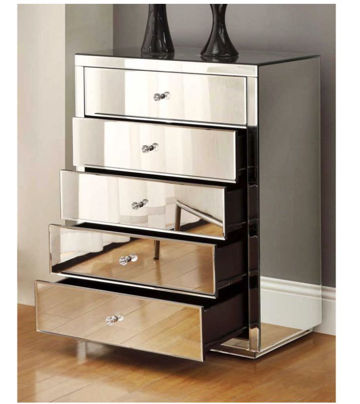 NEVADA Mirror Tallboy 5 Drawers with Crystal Effect Handle