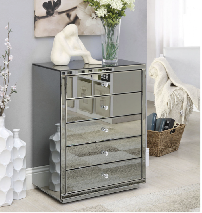 NEVADA Smoke Mirror Tallboy 5 Drawers with Crystal Effect Handle