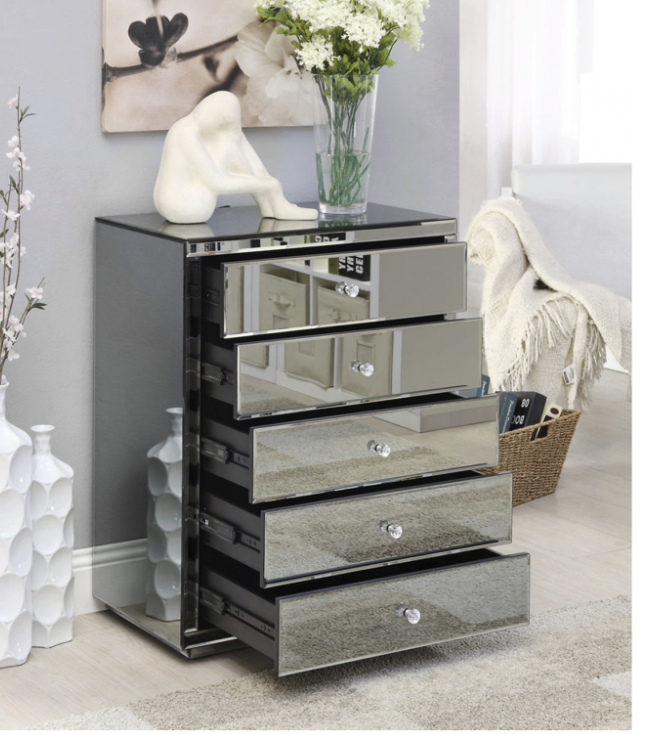 NEVADA Smoke Mirror Tallboy 5 Drawers with Crystal Effect Handle