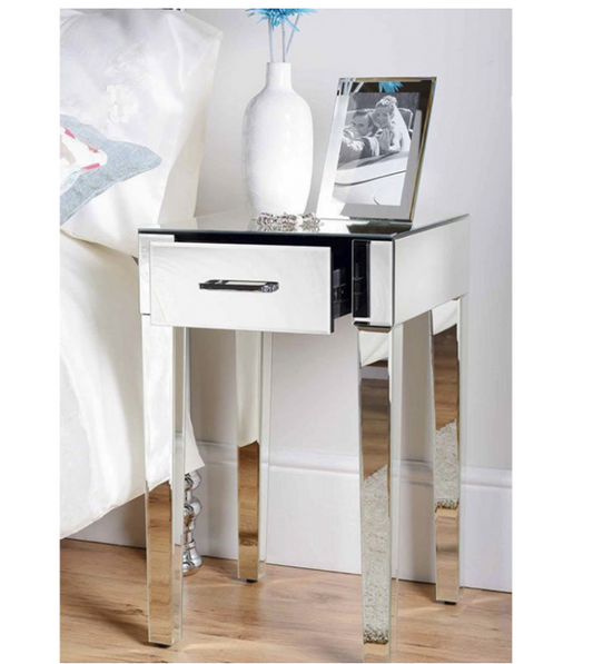 Zoe Mirrored Bedside Lamp Table with Single Drawer Bar Handle - Factory Seconds