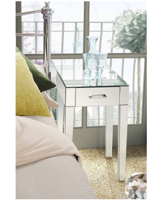 Zoe Mirrored Bedside Lamp Table with Single Drawer Bar Handle - Factory Seconds