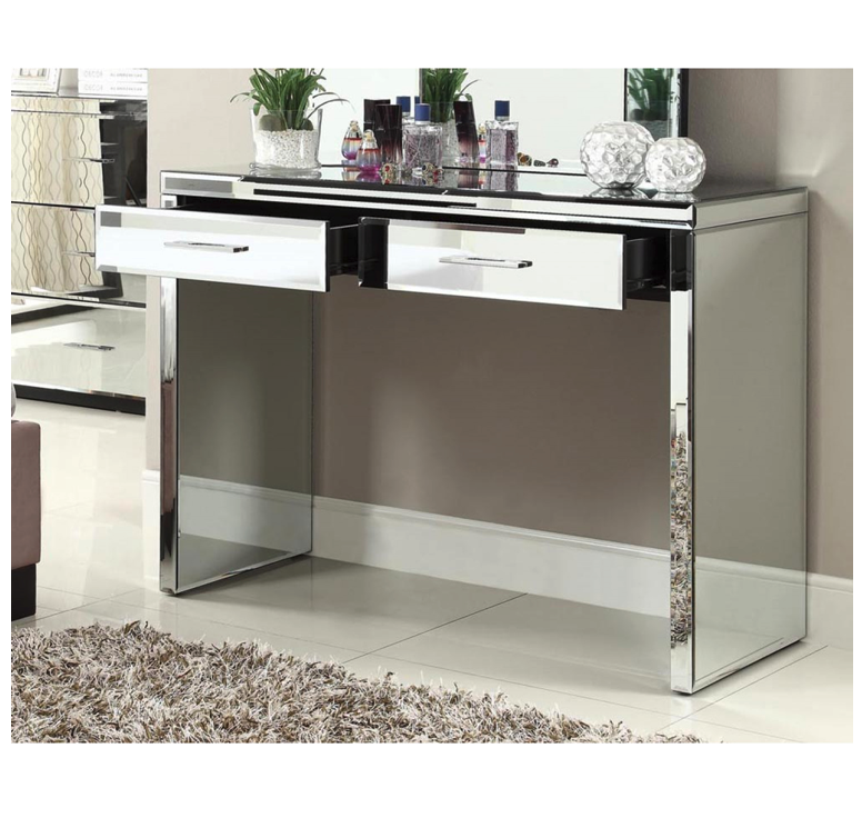 Rio Mirrored Dressing Table Console 2 Drawers Metal Bar Handles