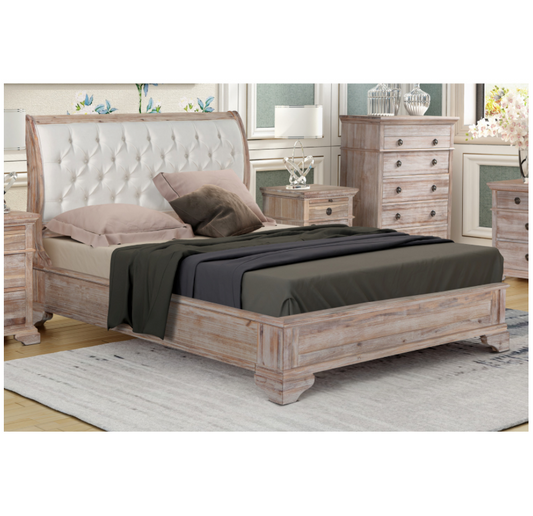 CAPRI King Bed Low Foot end with Tufted Upholstered Headboard Acacia Wood