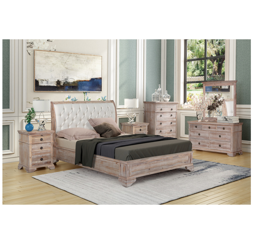 CAPRI King Bed Low Foot end with Tufted Upholstered Headboard Acacia Wood