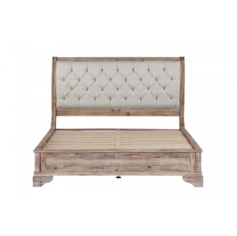 CAPRI King Bed Low Foot end with Tufted Upholstered Headboard Acacia Wood