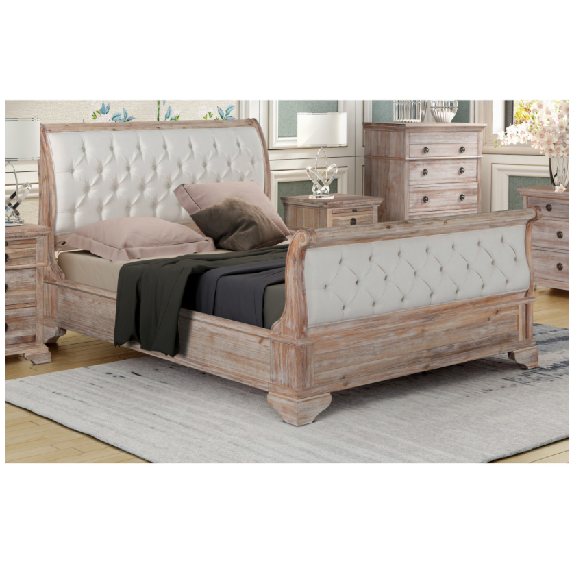 CAPRI King Sleigh Bed Tufted Upholstered Headboard Footboard Acacia Wood