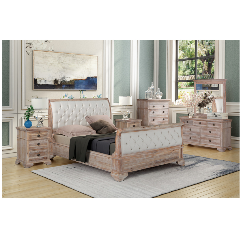 CAPRI King Sleigh Bed Tufted Upholstered Headboard Footboard Acacia Wood