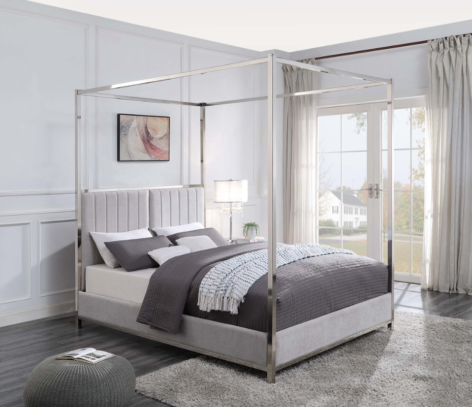 Europa Queen 4 Poster Bed Chrome plated Metal Frame upholstered