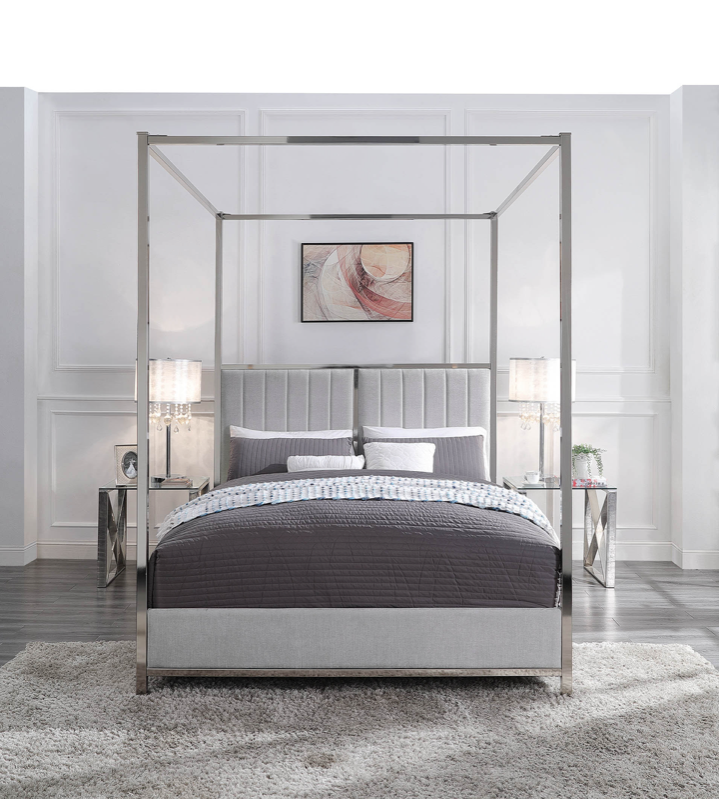 Europa King 4 Poster Bed Chrome plated Metal Frame upholstered headboard