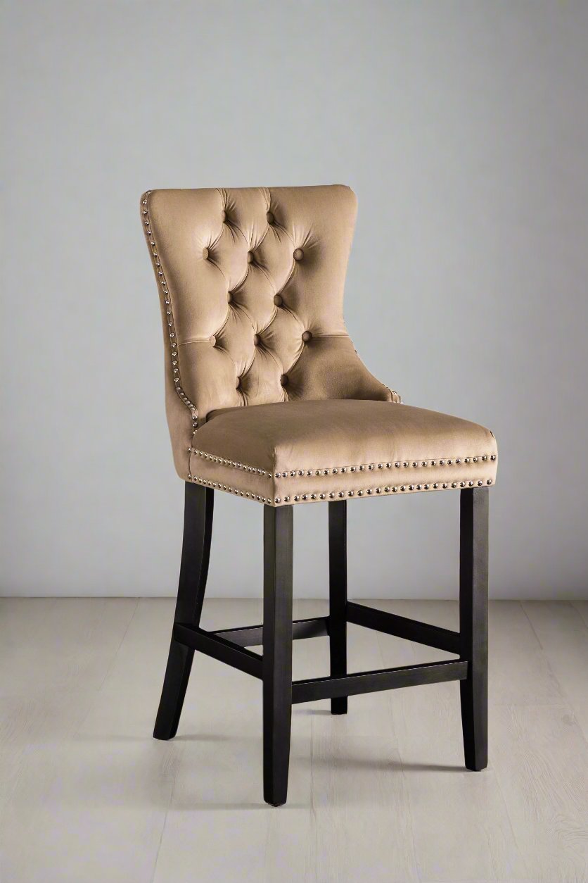 Bar Stool Taupe Velvet Chrome Details & Rear Handle Tufted