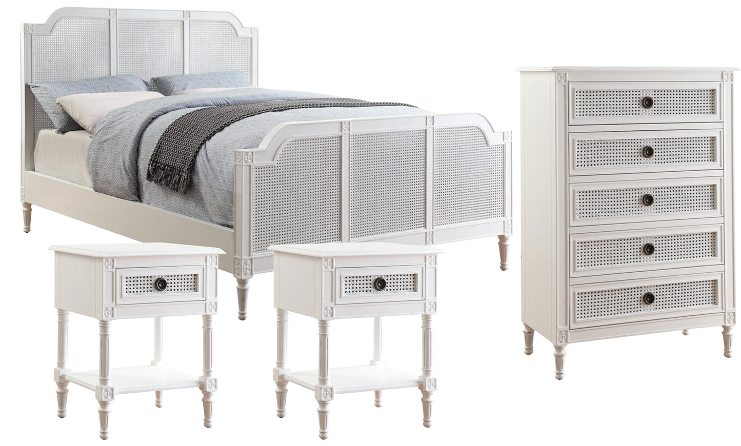 BORDEAUX Queen Bed White Pine & Rattan 2 Bedside Tables 1 Tallboy Package