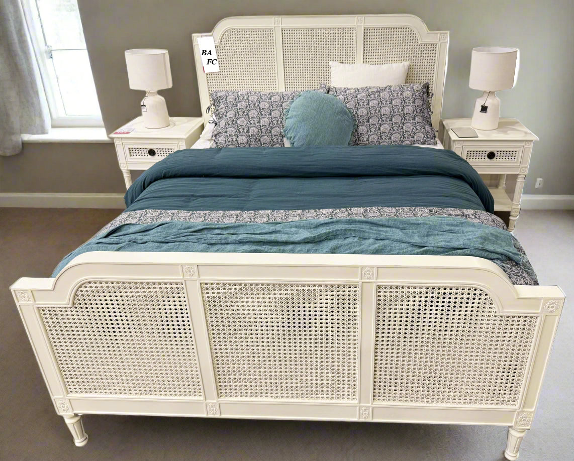 BORDEAUX Queen Bed French Style White "Distressed" Finish with Rattan