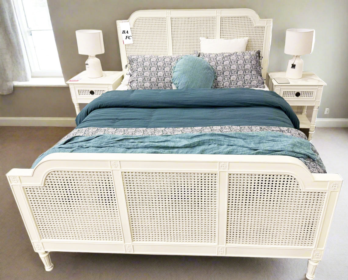 BORDEAUX Queen Bed French Style White "Distressed" Finish with Rattan