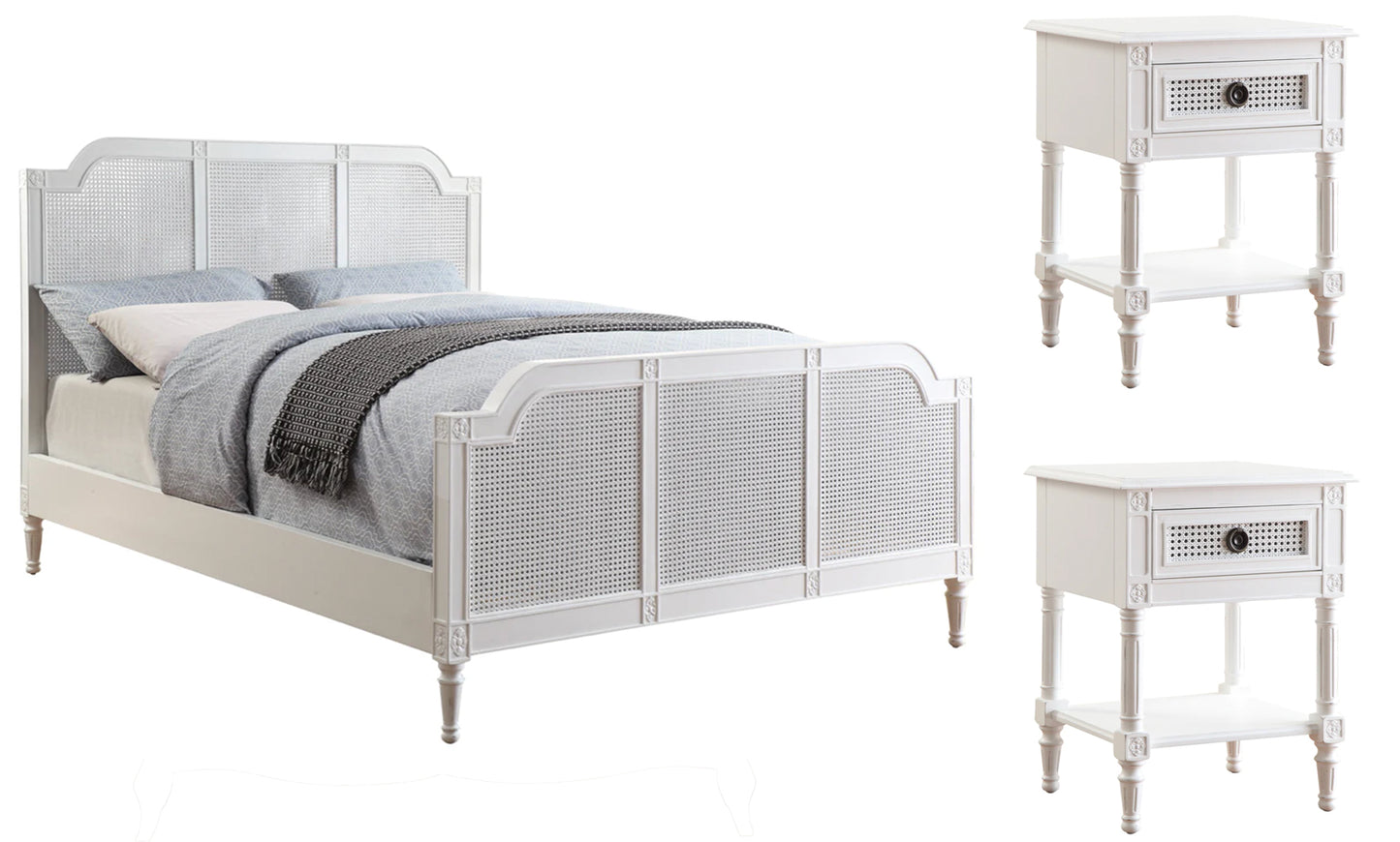 BORDEAUX Queen Bed White Pine & Rattan 2 Bedside Tables Package