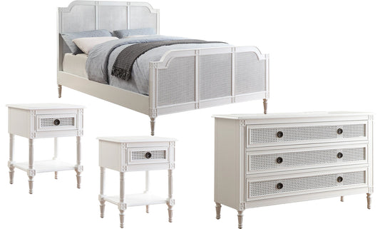 BORDEAUX King Bed White Pine & Rattan 2 Bedside Tables 1 Dressing Table Package
