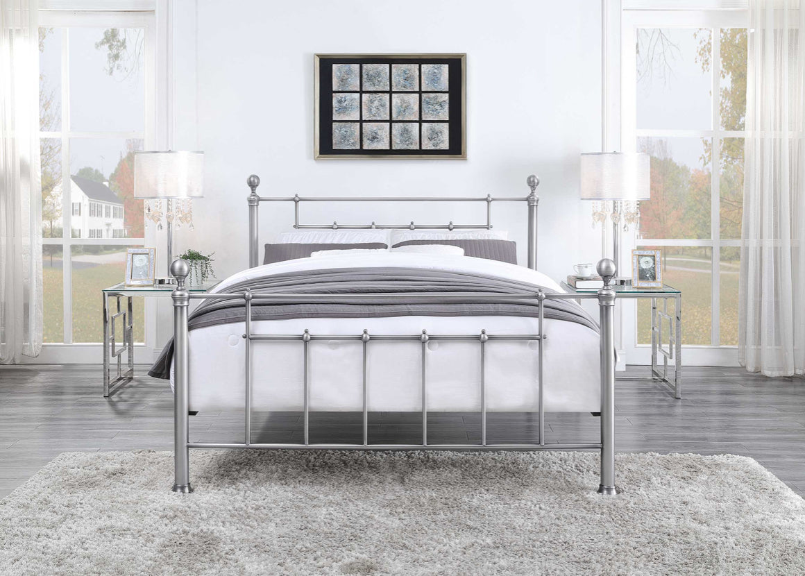MAIDSTONE King Bed Pewter Plated with Round Metal Finials
