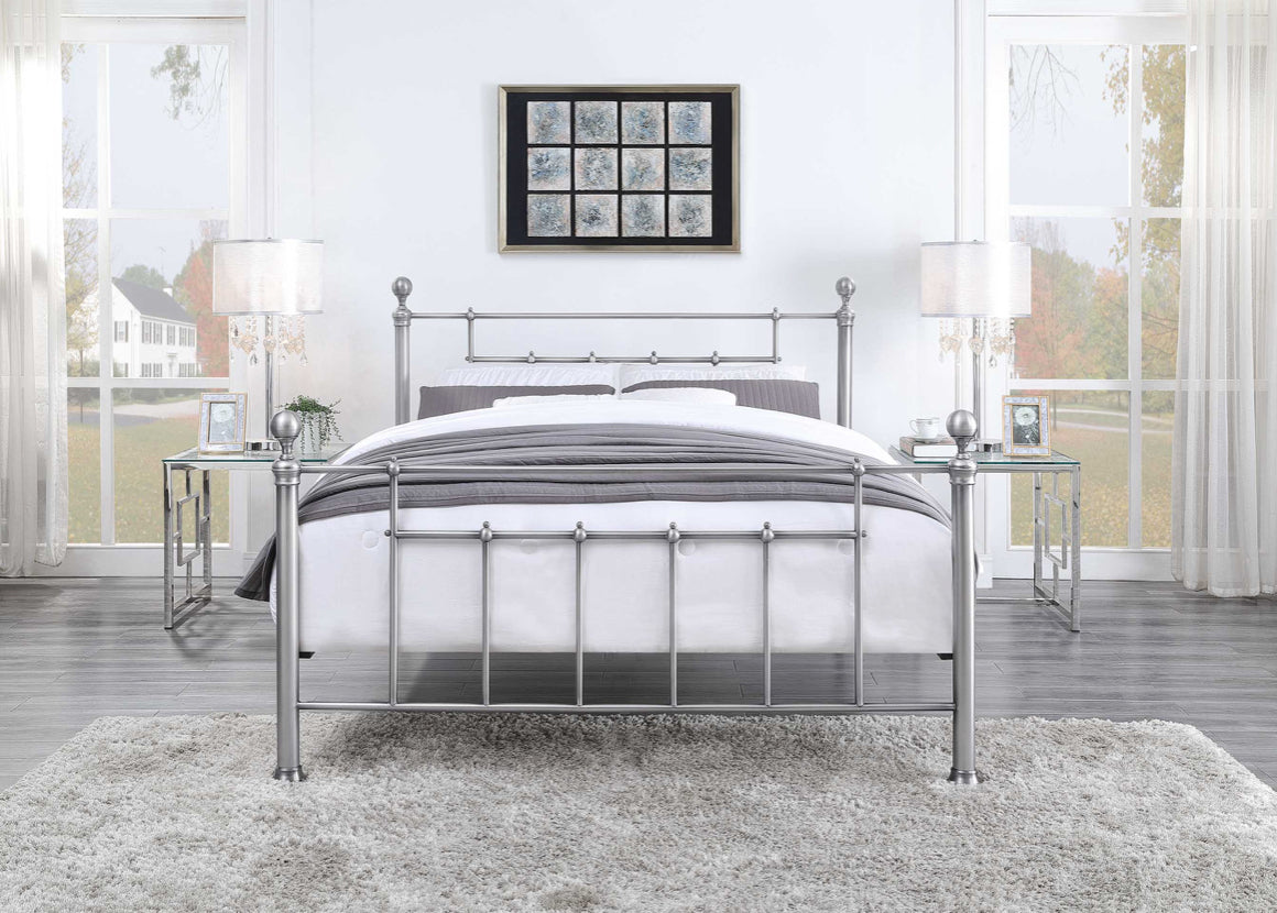 MAIDSTONE Queen Bed Pewter Plated with Round Metal Finials