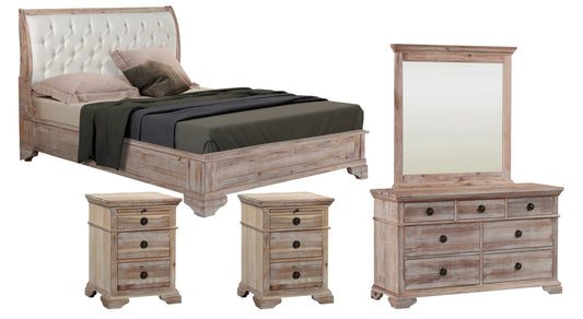 Capri Acacia King Bed 2 x Bedside Tables 1 Dressing Table + Mirror Bedroom Package