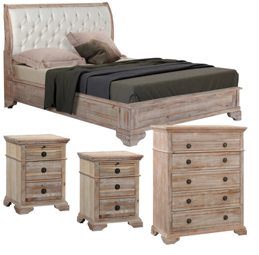 Capri Acacia Queen Bed 2 x Bedside Tables 1 Tallboy Bedroom Package