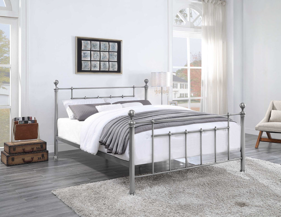 MAIDSTONE King Bed Pewter Plated with Round Metal Finials