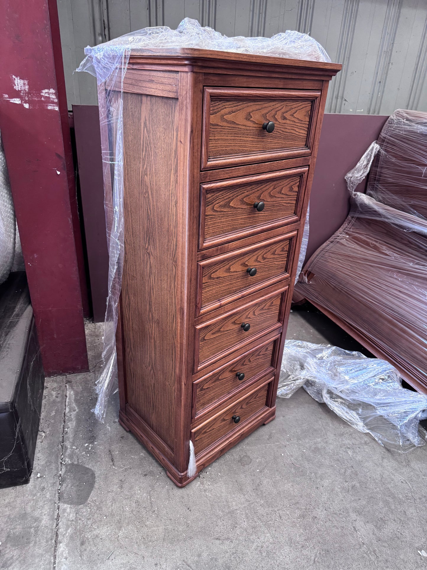 Narrow Chest/Tallboy Ash Wood in Walnut Stain Colour Ex Display