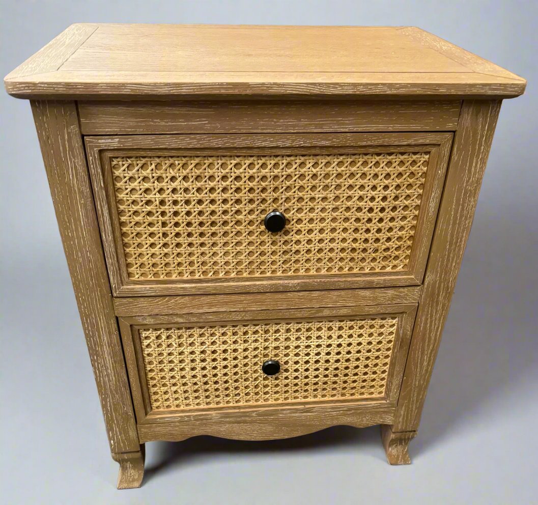 CATALONIA Bedside Table Rattan & European Oak (Slightly Darker finish than other Catalonia products)