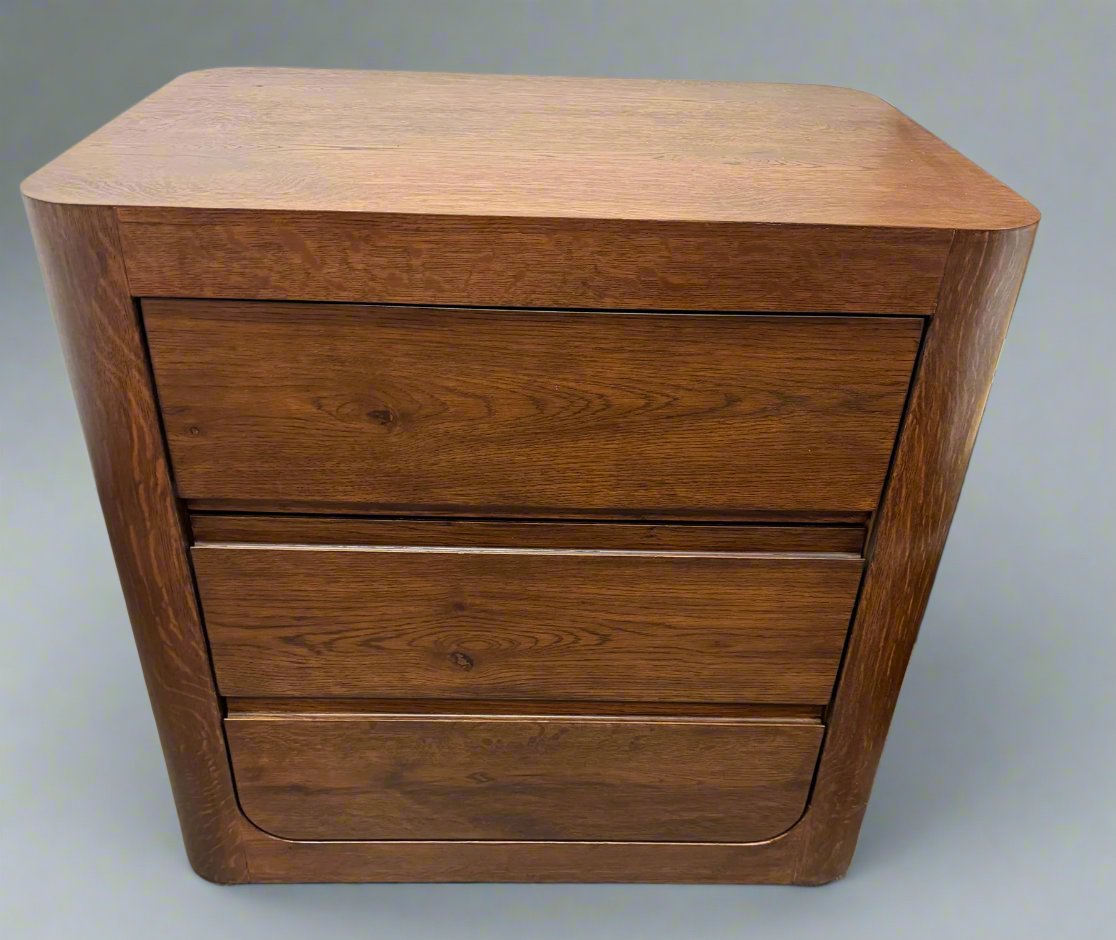 TWILIGHT Bedside Table Curved Oak 3 Drawer Walnut Finish - Factory Second New Boxed