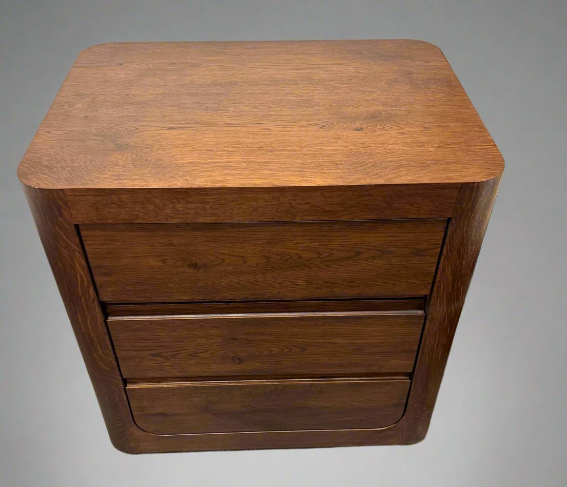 TWILIGHT Bedside Table Curved Oak 3 Drawer Walnut Finish - Factory Second New Boxed