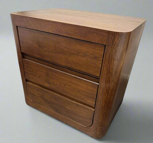 TWILIGHT Bedside Table Curved Oak 3 Drawer Walnut Finish - Factory Second New Boxed