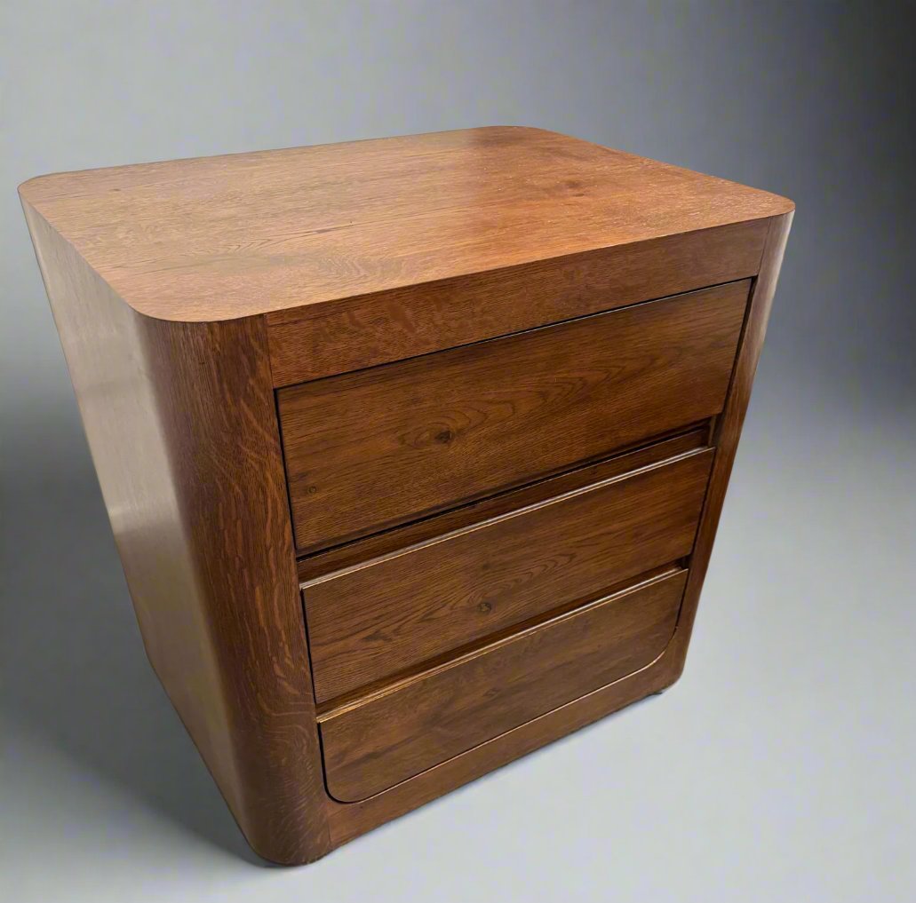 TWILIGHT Bedside Table Curved Oak 3 Drawer Walnut Finish - Factory Second New Boxed