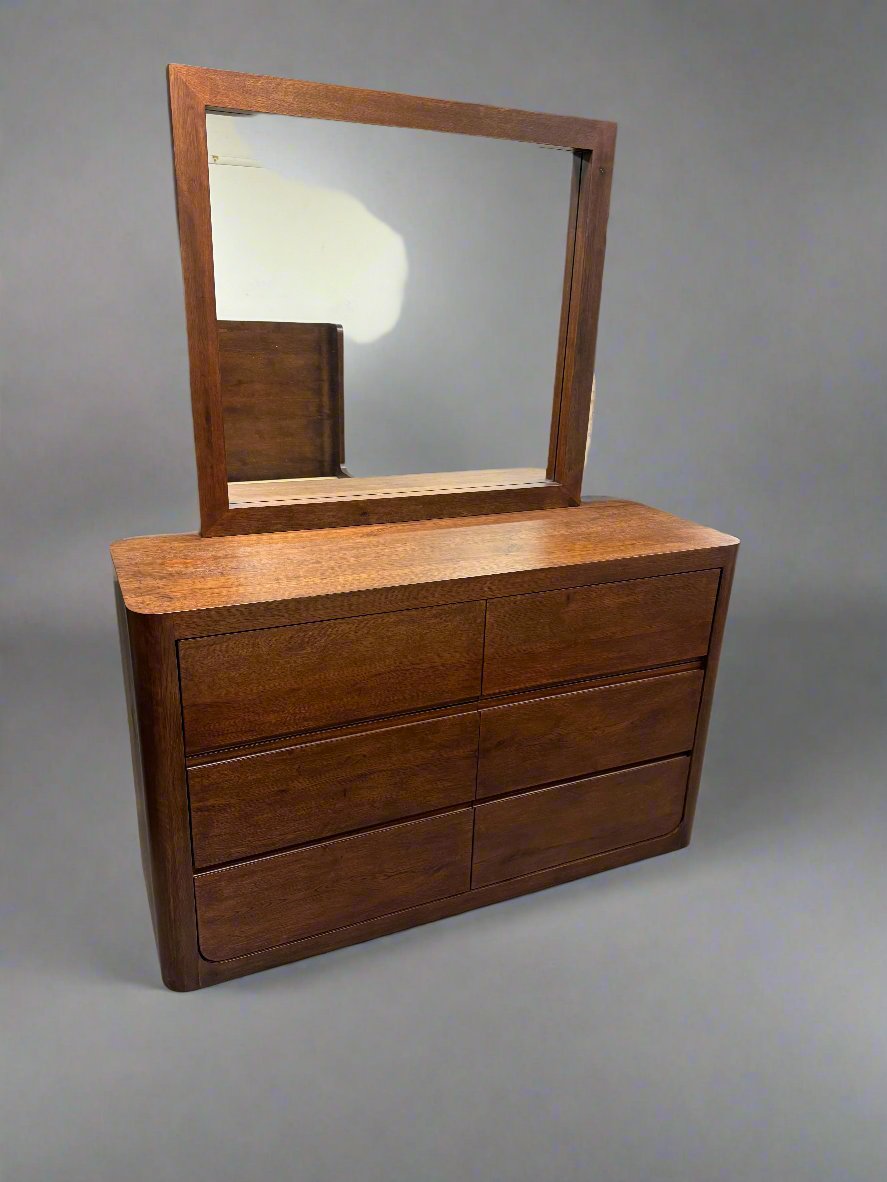 TWILIGHT Dressing Table Curved Oak 6 Drawer + Mirror Walnut Finish - Factory Second