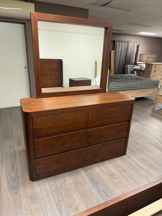 TWILIGHT Dressing Table Curved Oak 6 Drawer + Mirror Walnut Finish - Factory Second