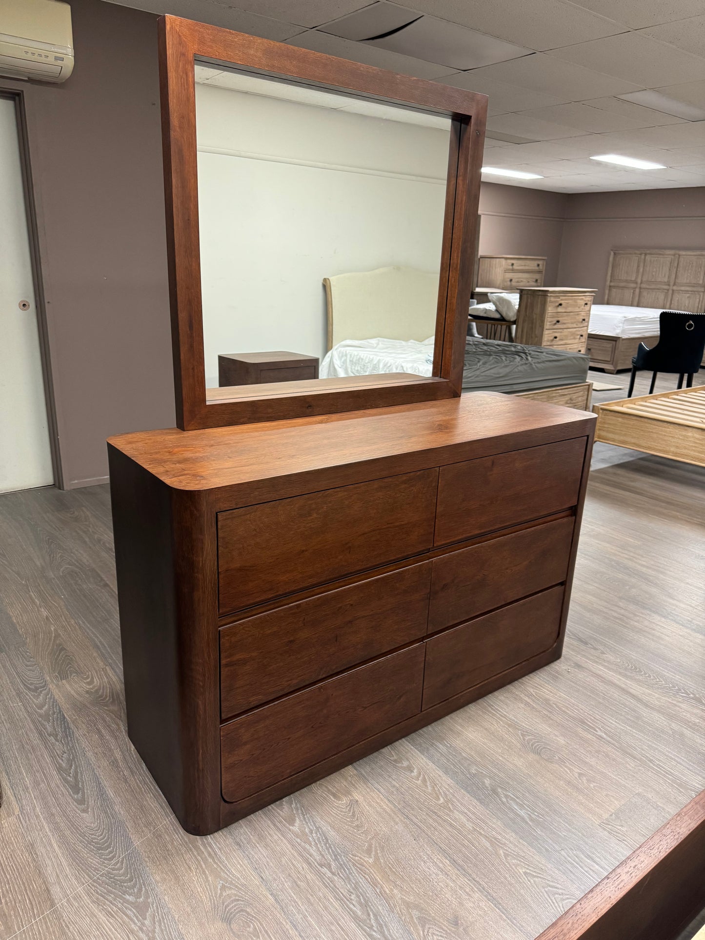 TWILIGHT Dressing Table Curved Oak 6 Drawer + Mirror Walnut Finish - Factory Second