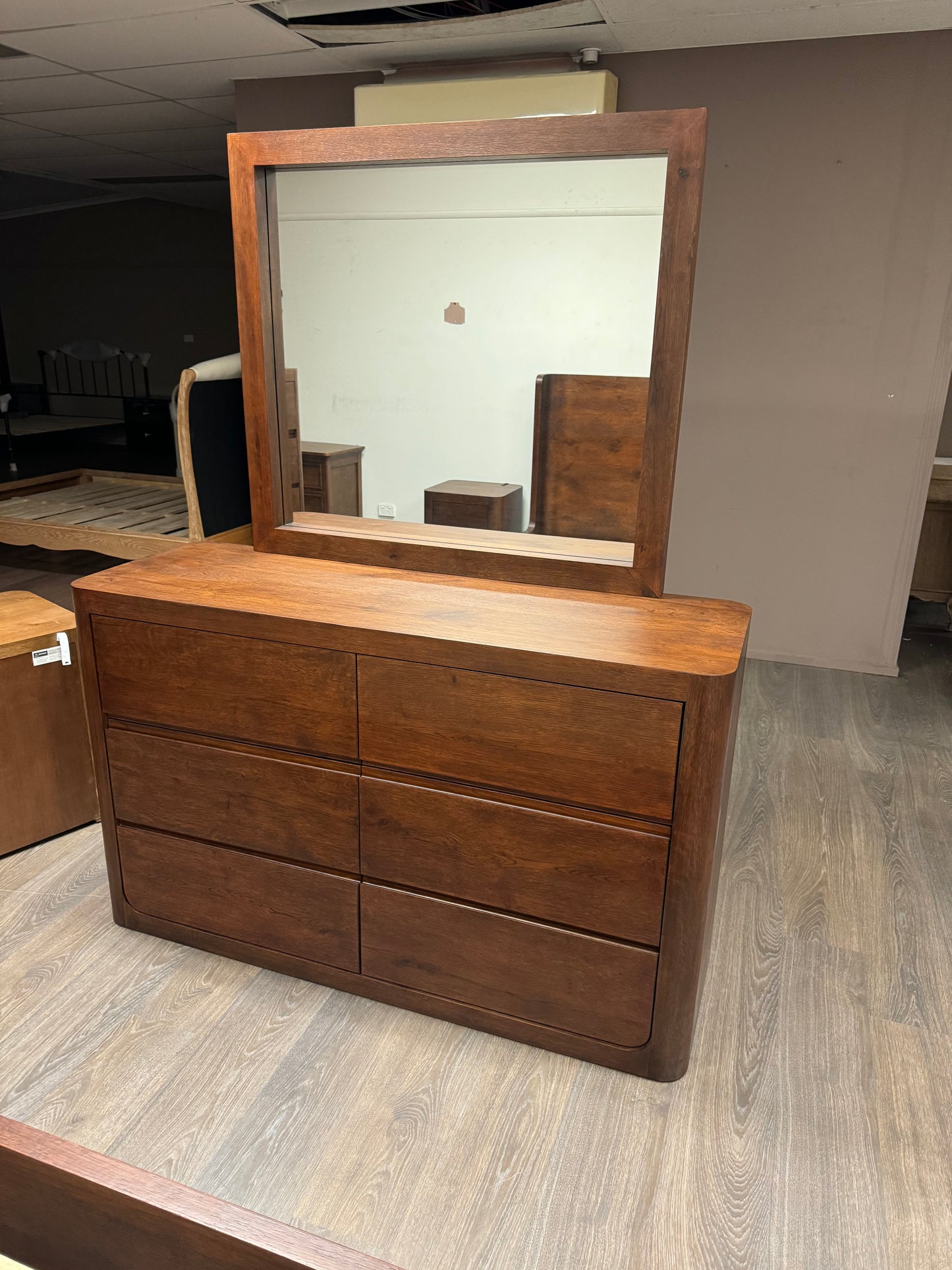 TWILIGHT Dressing Table Curved Oak 6 Drawer + Mirror Walnut Finish - Factory Second