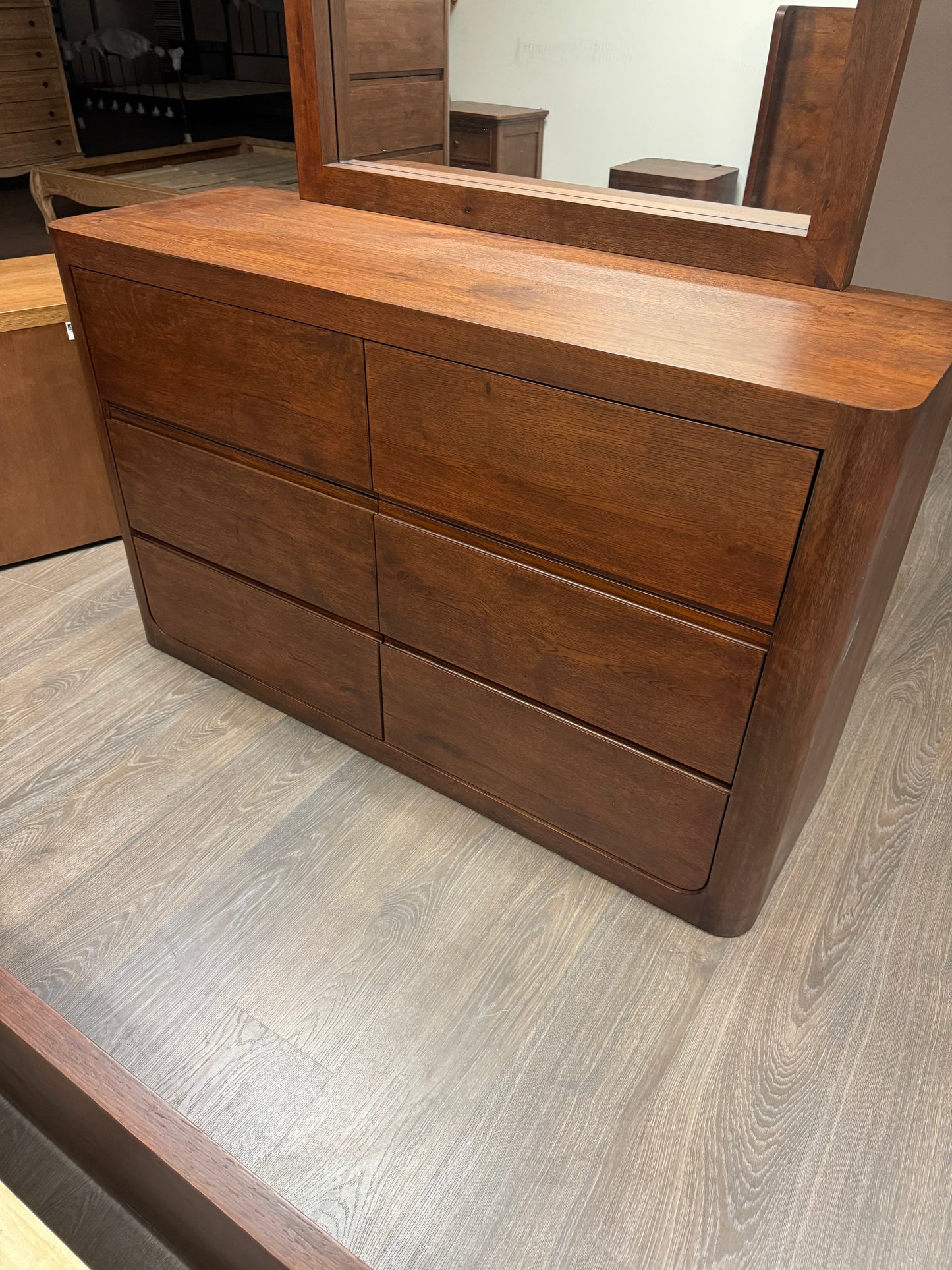 TWILIGHT Dressing Table Curved Oak 6 Drawer + Mirror Walnut Finish - Factory Second