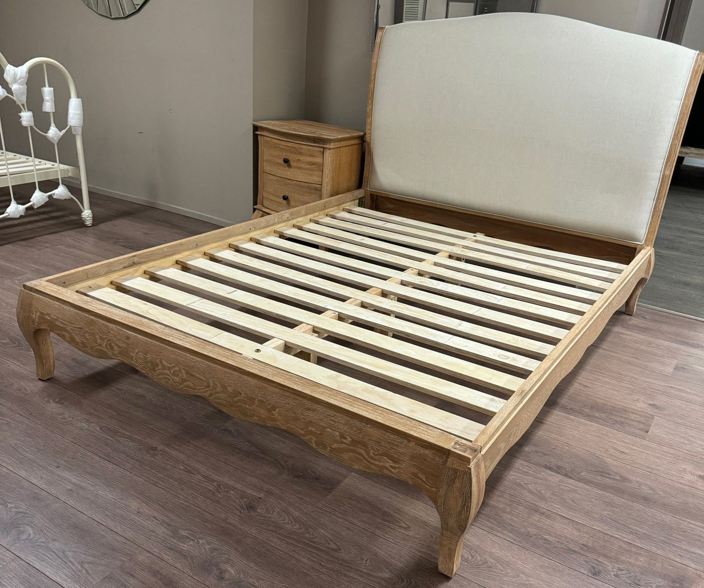 ONTARIO King Bed Oak Wood & Upholstered Weathered Provincial Finish