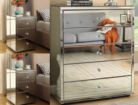 Roma PAIR Mirrored Bedside Tables and Tallboy Package